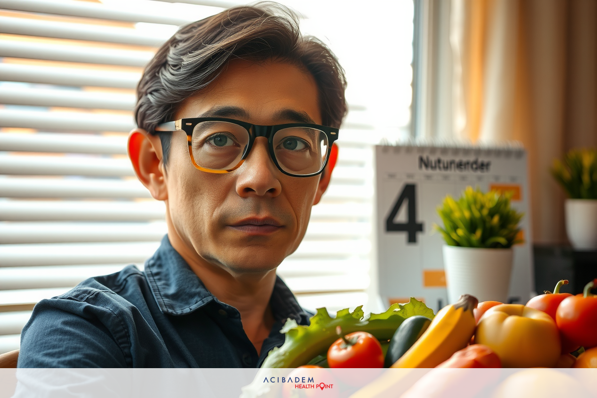 Man with glasses at table. Table filled with fruits and vegetables including bananas, oranges, tomatoes and squash.
