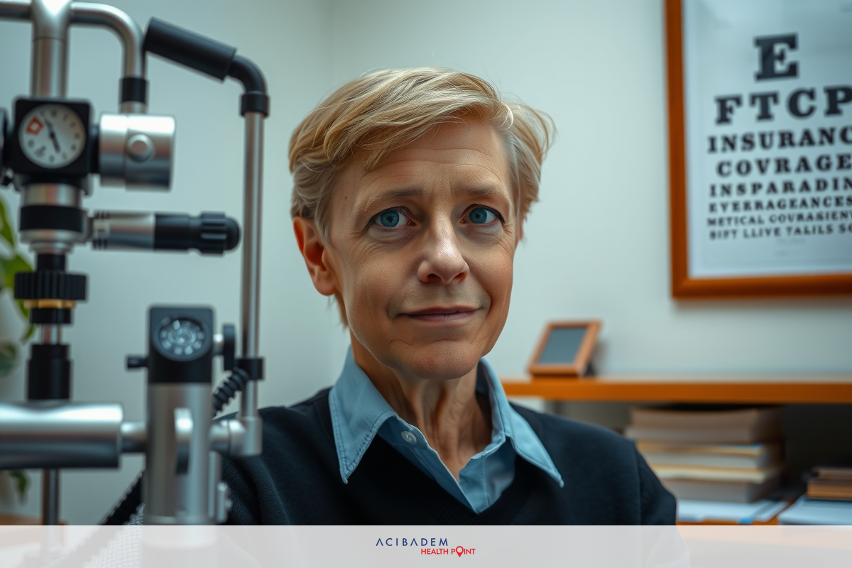 The image shows a woman sitting in front of an eye examination machine. She is wearing glasses and appears to be concentrating on something outside the frame.