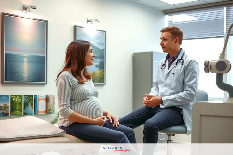Two people in a doctor's office. A pregnant woman sitting on the table, talking to a male doctor who is standing beside her. The environment suggests a clinical setting with medical equipment and artwork on the wall.