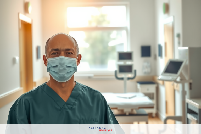 Can You Exercise After Laser Eye Surgery? The image shows a person wearing full surgical attire including a face mask, indicating they are in a medical setting. The individual is seated at a desk with computer equipment and there is medical machinery visible in the background, which includes hospital beds and monitors.