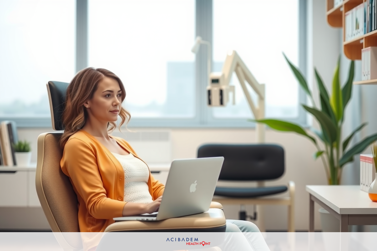 A professional setting, a woman sitting in a modern office chair. She is using a laptop on a desk.