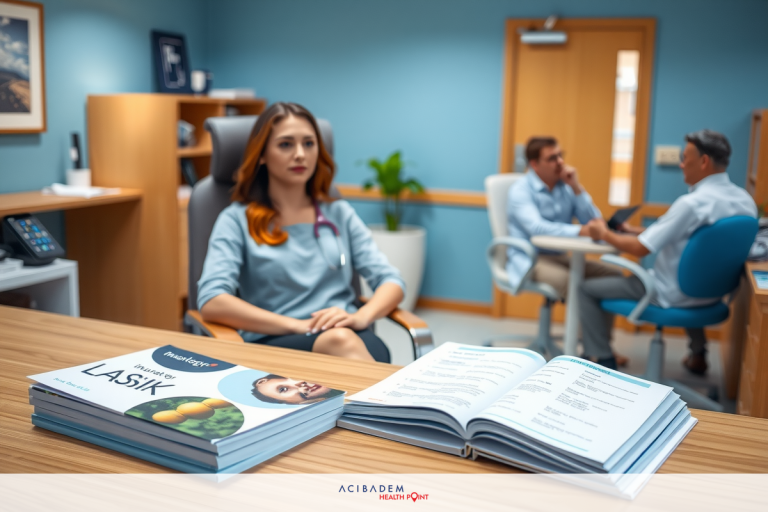 The image depicts a professional setting with three people seated around an office. A woman, presumably a healthcare worker based on her attire, is sitting at the head of the table. Two men are opposite her, engaged in conversation. The environment suggests a modern medical or healthcare clinic, indicated by the professional and clean space, along with medical books prominently displayed on a desk. The setting appears to be a consultation room or a waiting area where healthcare workers meet with patients.