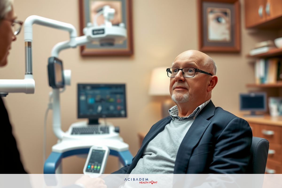 In a medical office setting, an older man is seated in the chair with his mouth open. He is wearing glasses and has gray hair. A ophthalmologist stands behind him, looking at a monitor that displays medical images.
