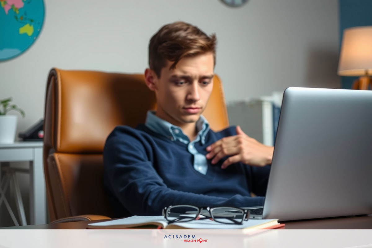 The image shows a young man seated at a desk, working on his laptop. He is wearing a blue sweater and appears to be focused on his task. On the desk there are also several books, suggesting an environment conducive to study or work.