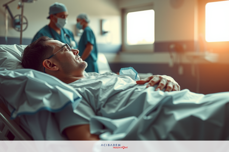 Is it OK to Smoke One Cigarette Before Rhinoplasty? The image shows a hospital setting with a patient lying in a bed. The focus is on the interaction between medical personnel and the patient. There are two individuals, presumably doctors or nurses, dressed in medical attire, standing at the head of the bed. The lighting suggests it might be morning or early afternoon given the warm sunlight filtering through the window. The mood of the scene is clinical and professional with a focus on patient care.