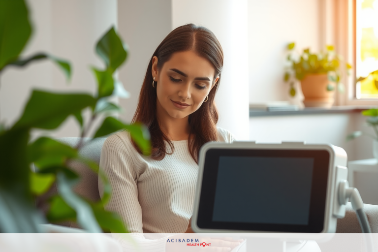 Woman sitting at a table with an electronic device, possibly an iPad or tablet. She is focused and appears to be working or studying. The environment suggests a modern home office space with contemporary decor.