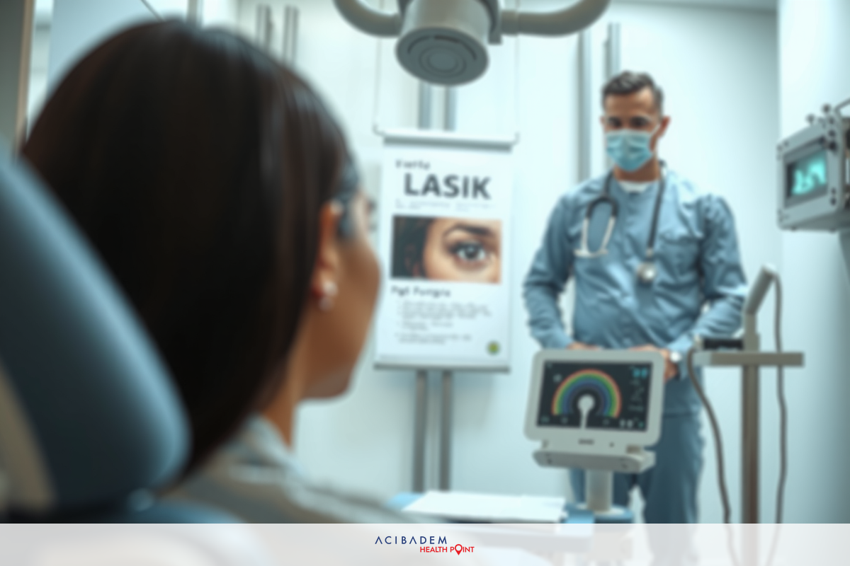The image depicts a medical setting with a patient seated in an examination chair. In the foreground, there's a healthcare professional in surgical attire standing by, wearing a face mask. Behind them is a well-lit, sterile environment equipped with medical devices, likely within a hospital or clinic.