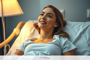 The image shows a smiling woman lying on a hospital bed with her eyes opened. The room appears to be dimly lit, suggesting it might be nighttime or the setting is intentionally subdued. Her expression seems content and relaxed.