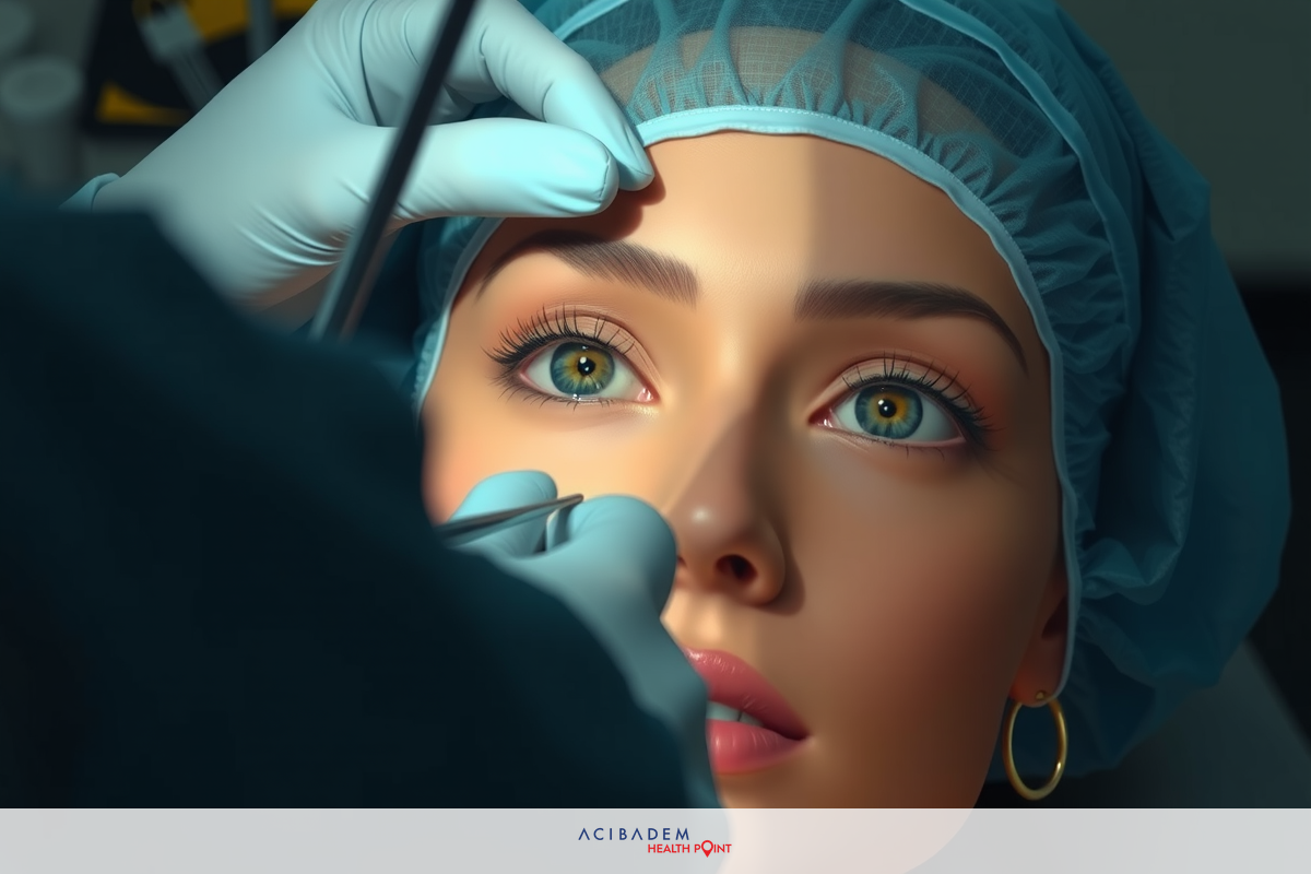 Close-up of woman undergoing plastic surgery. Medical personnel in background performing procedure.