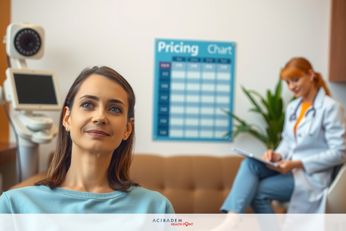 The image shows an office setting where a female patient is seated, looking towards the camera. On the right side of the frame, there's a medical professional, presumably a doctor or nurse, who appears to be in conversation with the patient or possibly checking on her health status. The room has clinical decor and a sign that says 'PRICING CHART', indicating a cost-related discussion might be taking place.