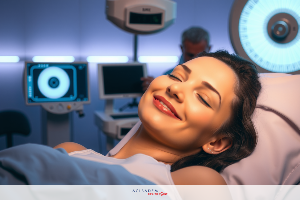 The image shows a woman lying in a hospital bed. She appears to be undergoing a medical procedure, possibly related to cosmetic or reconstructive surgery, as she is smiling and looks pleased.