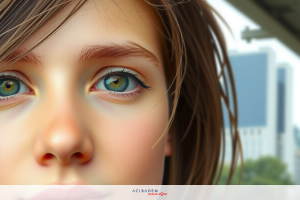 A young woman with blue eyes, fair skin, and medium-length brown hair, looking directly at the camera. Her face is framed by a cityscape in the background.