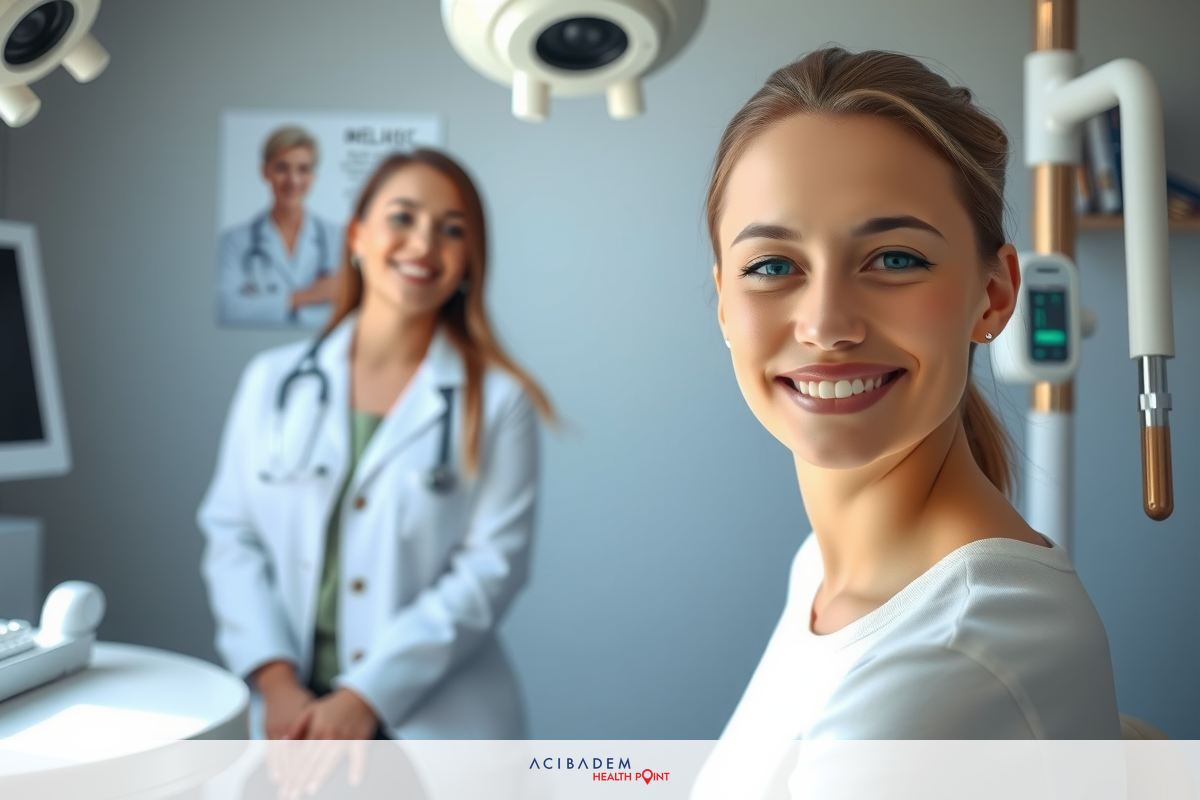 In the image, there is a medical examination room with two women. The woman in the foreground is seated at the medical chair and is smiling towards the camera. She appears to be the patient receiving care. The other woman stands behind her, dressed as a doctor.