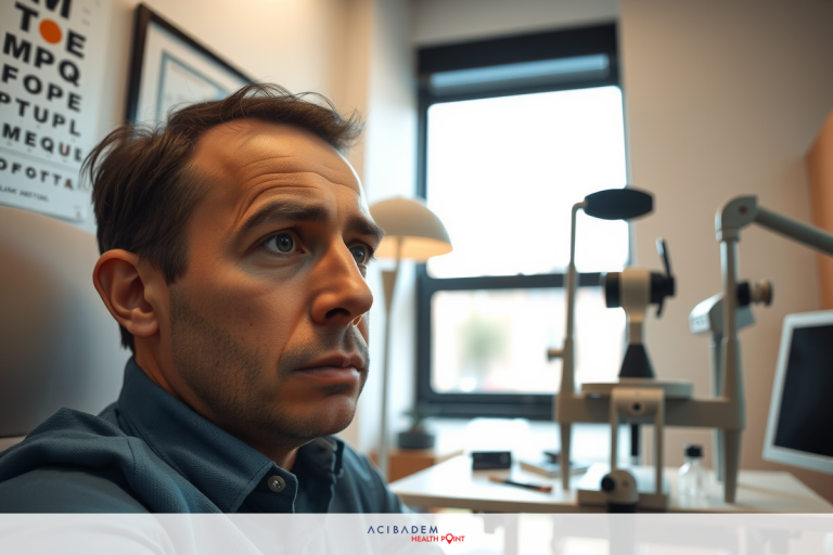 The image shows a man seated at a desk in an office environment. He appears to be looking directly ahead with a focused expression, possibly indicating that he is concentrating or contemplating something.