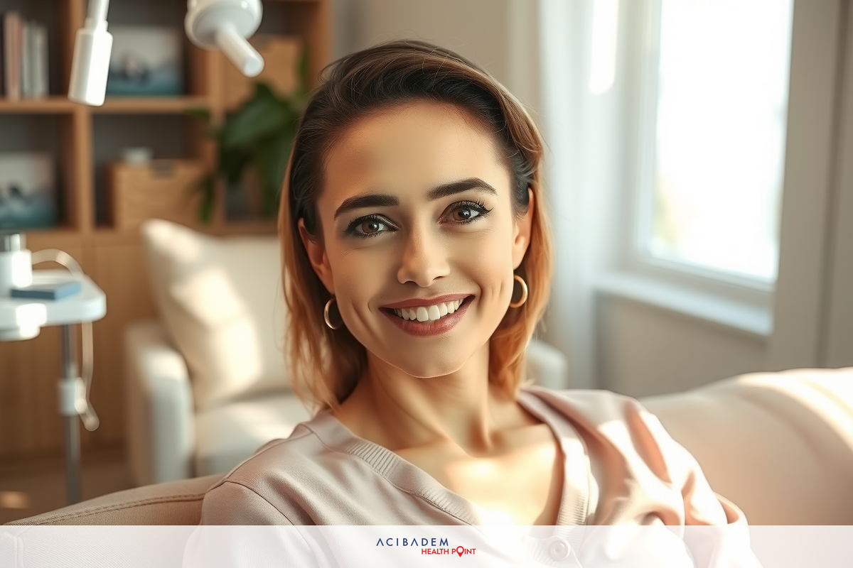 The image features a woman sitting comfortably on a couch in an indoor setting. She is smiling and looking directly at the camera, suggesting a positive or relaxed atmosphere.
