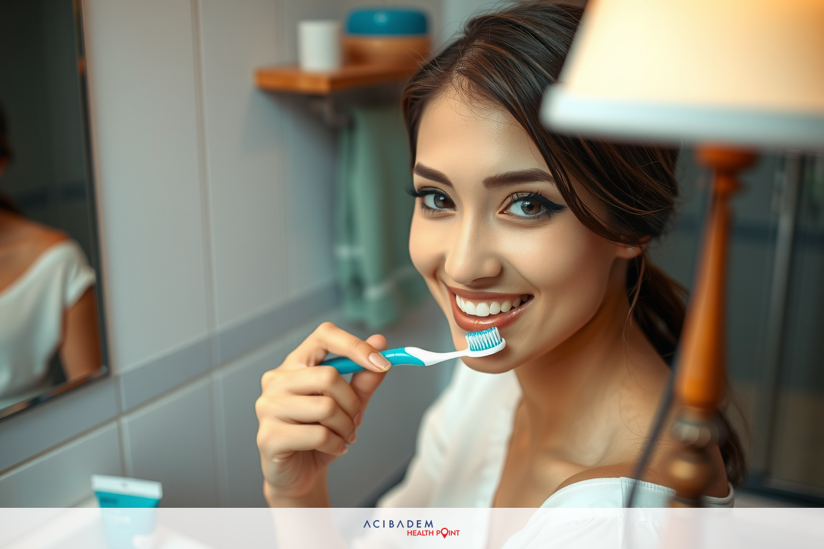 The image shows a woman in a bathroom brushing her teeth. She is wearing makeup, including eyeliner and lipstick, and has long hair. The environment is a typical domestic setting with a mirror to the left of the frame.