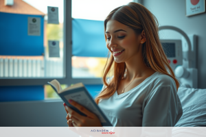 A young woman is sitting in a hospital bed reading a book. She has light brown hair and is wearing a white shirt. The room has a blue curtain, suggesting it may be near a window. The overall mood of the image is calm and peaceful.