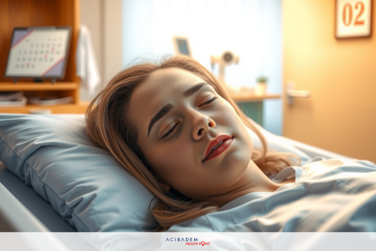The image depicts a young woman lying in a hospital bed, appearing to be in pain. She has her eyes closed and seems distressed, possibly due to an illness or injury.