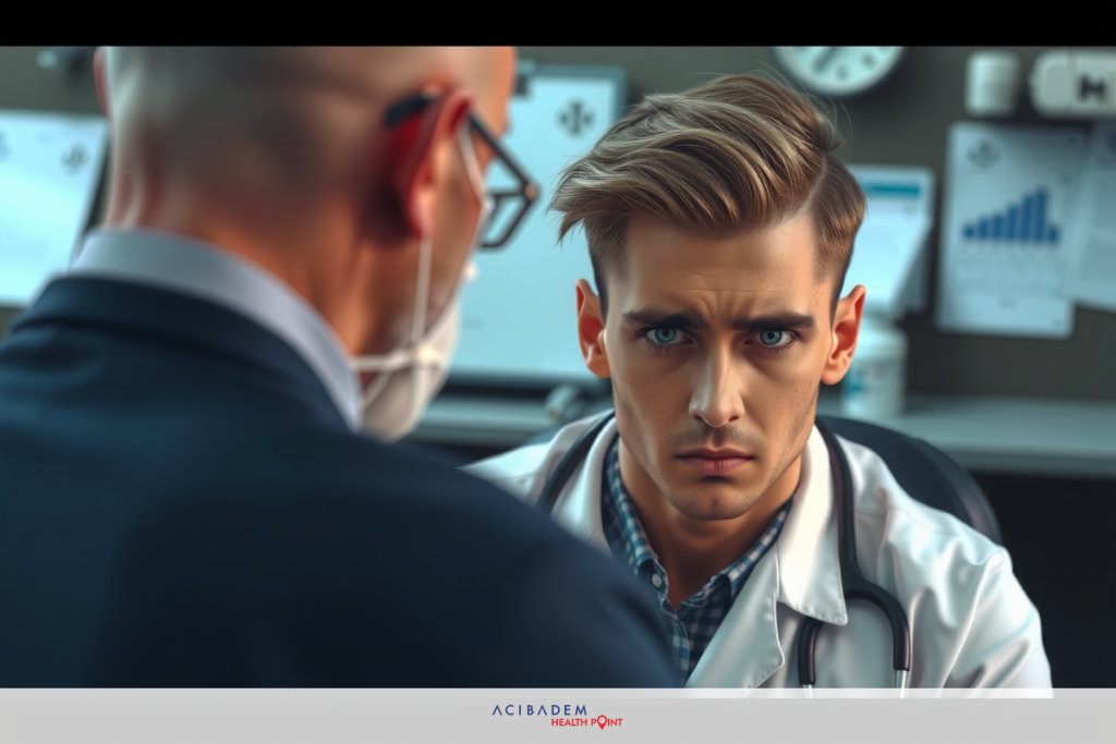 Can I Ask a Refund for Bad Rhinoplasty? The image depicts an indoor setting with two male characters. One is seated and appears to be receiving a medical examination from the other, who stands behind him, wearing a lab coat indicative of a healthcare professional role.