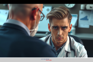 The image depicts an indoor setting with two male characters. One is seated and appears to be receiving a medical examination from the other, who stands behind him, wearing a lab coat indicative of a healthcare professional role.
