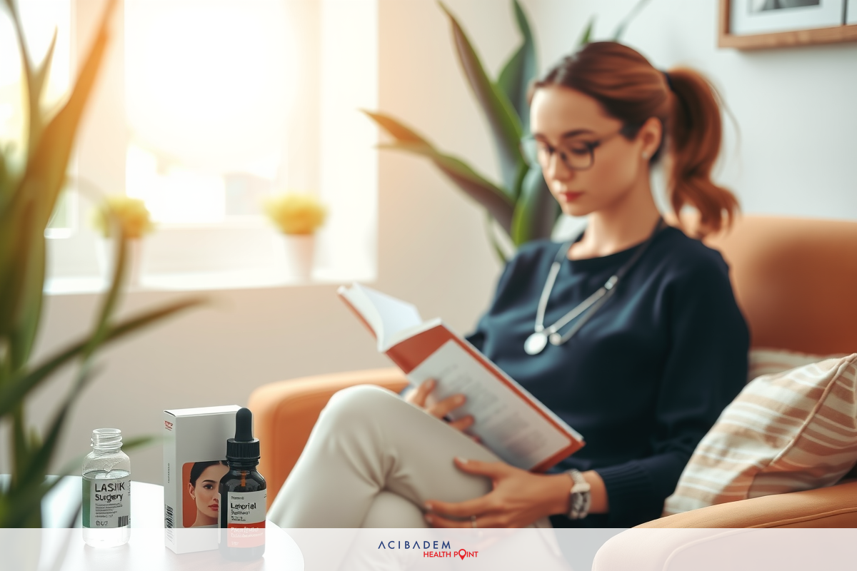 A woman with glasses is sitting comfortably on a sofa reading a book. On the side are bottles of eye care products, suggesting a relaxing day at home.