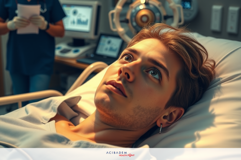 Are You Awake During Eye Laser Surgery? In the image, a young man is lying on a hospital bed with monitors and medical equipment around him. His eyes are closed in concentration or possibly distress.