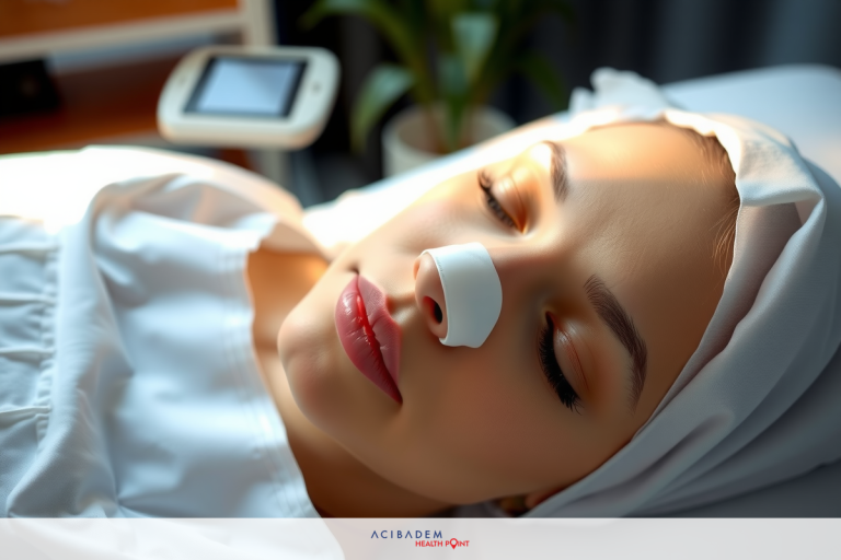 Woman with a medical mask on lying down, possibly getting treatment. Her face is covered in bandages and she's surrounded by typical clinical setting elements.