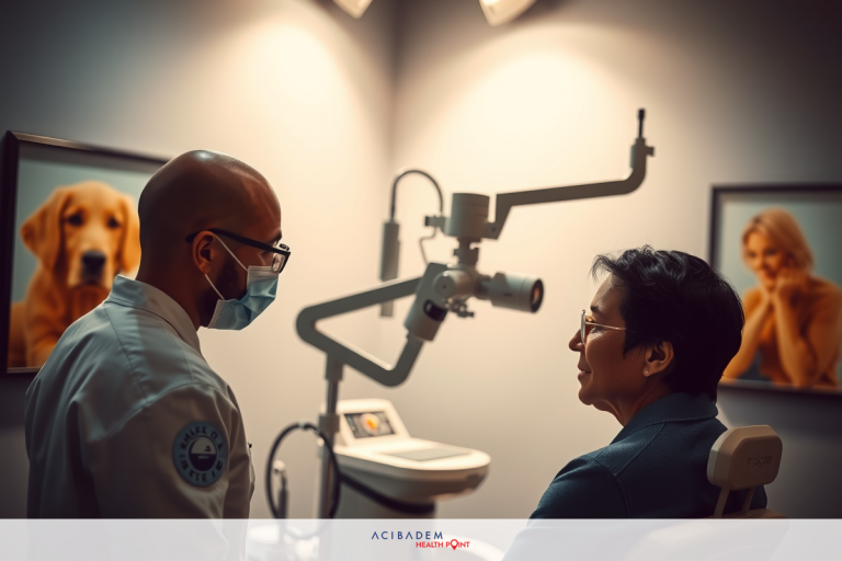 The image shows an eye exam setting. An ophthalmologist wearing a surgical mask and protective equipment stands next to a chair, looking into his patient's eyes with a focused expression. The patient, an older woman, sits in the ophthalmologist's chair, looking away from the camera. In the background, there are framed pictures of dogs and women, presumably for decoration.