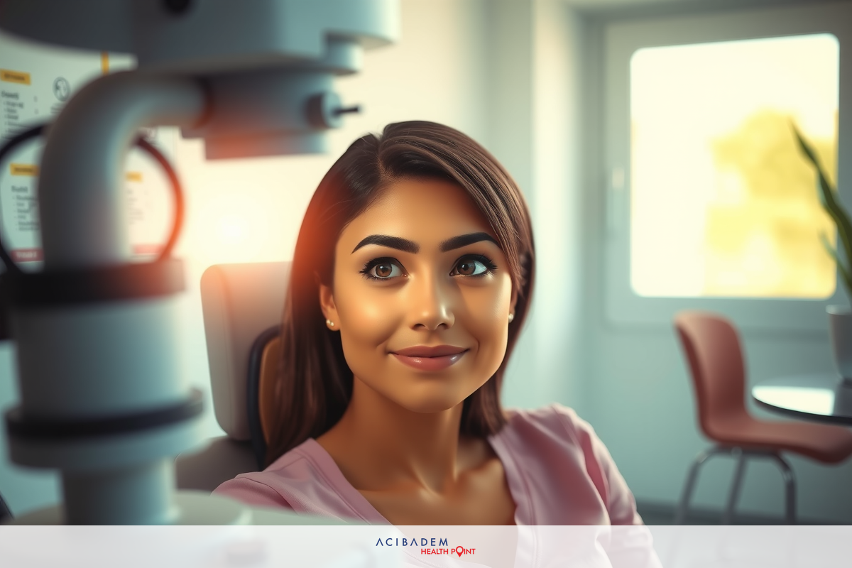 The image shows a smiling woman seated in an office chair with a medical device positioned close to her face. The setting appears to be a modern, well-lit room that resembles a dentist's or doctor's office, indicated by the sterile environment and the use of medical equipment.
