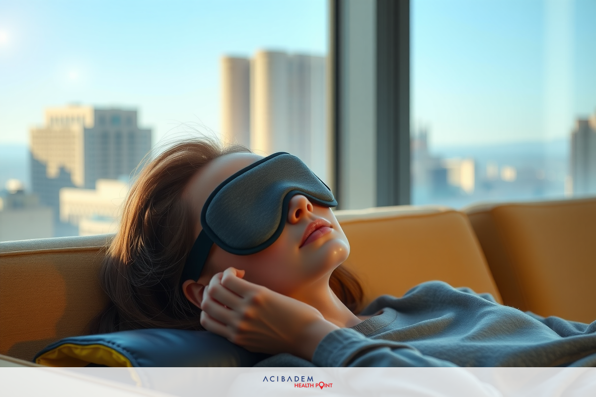 A woman in a gray sweatshirt relaxing with her eyes closed, laying on her back on a couch. She has a pair of black sleep masks covering her eyes. The setting suggests an urban environment from the window view looking out at city buildings during the day.