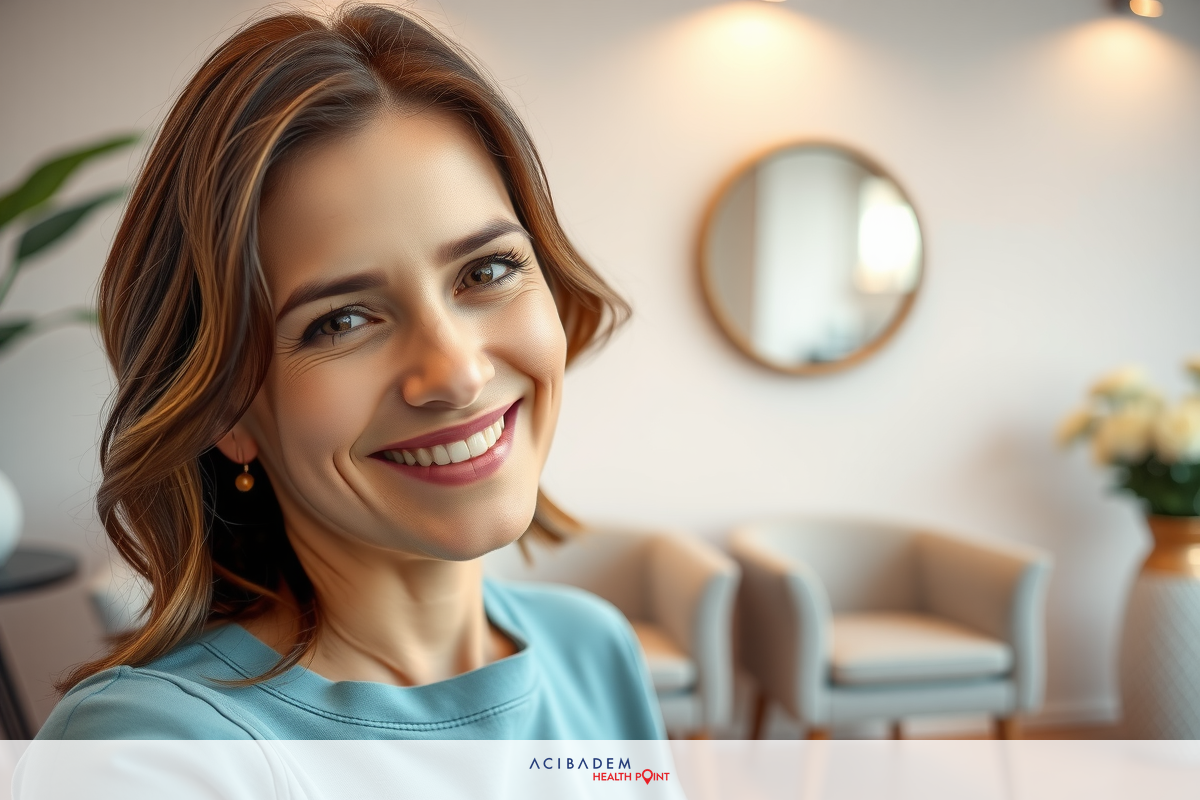 Smiling woman wearing blue top sitting in a modern office with white walls and large windows.