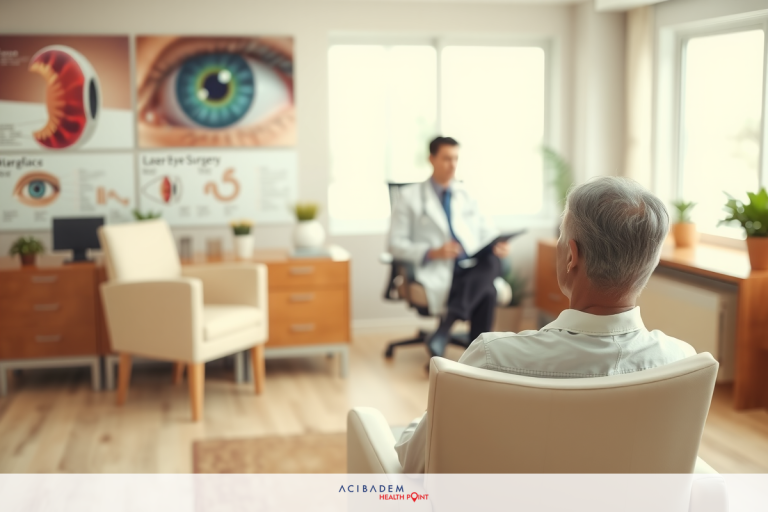 A doctor consulting with a patient in an office setting. An elderly man sits in a chair while the doctor stands by the desk, engaged in conversation.