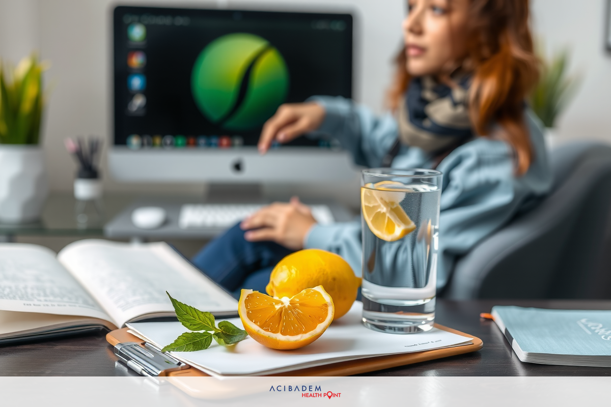 The image depicts a person sitting at a workstation with a computer monitor, keyboard, and mouse. There are also several lemons on the table next to the person, who appears to be focused on his work, and a lemon in a glass of water.