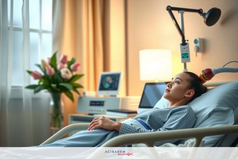 How Long Does LASIK Eye Surgery Take to Recover In the image, a woman is lying in a hospital bed. She appears to be looking at something outside of the frame with concern on her face. There's medical equipment around her, indicating she might be receiving treatment. The overall setting suggests a healthcare environment, possibly during a visit from loved ones or caregivers.