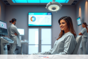 The image depicts a modern hospital operating room. A woman is seated in the center, surrounded by medical professionals. She has a smile on her face while being attended to by the healthcare team.