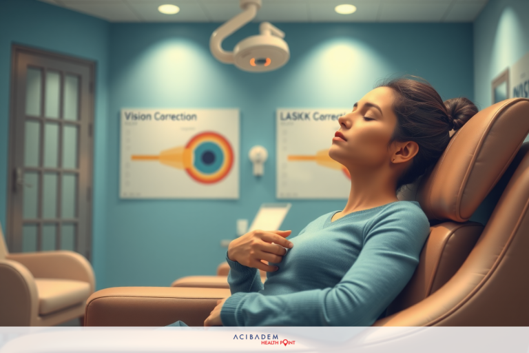 The image depicts a woman lying in a chair. She appears to be relaxed or possibly waiting for her turn. The environment has medical posters and charts on the walls, suggesting a professional setting.