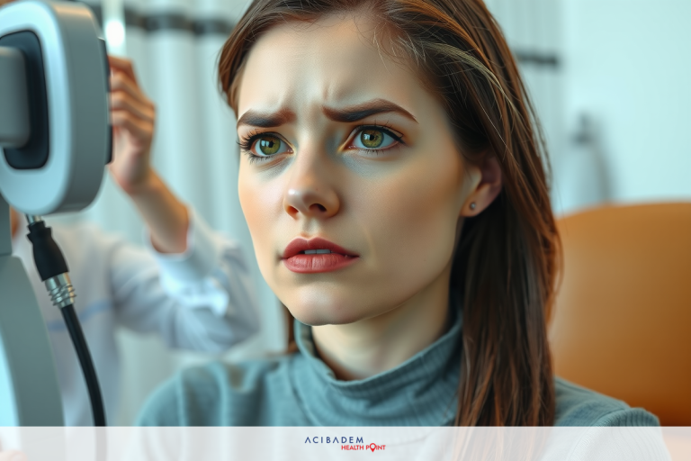 The image shows a woman with a surprised or possibly distressed facial expression. She is seated at an optician's station, looking towards her left, away from the camera. There is a large machine, which appears to be an ophthalmic instrument or a type of medical device, in front of her.