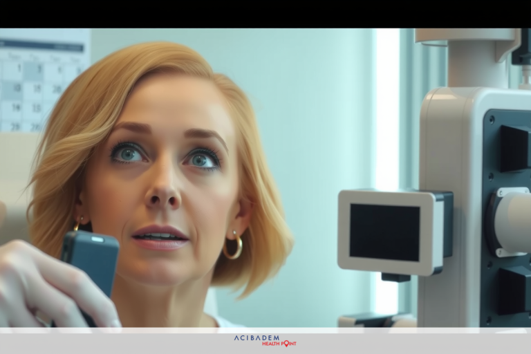 In a brightly lit medical setting, a woman with blonde hair is standing in front of an medical machine. She's wearing a white shirt. The environment suggests a clinical or medical context.