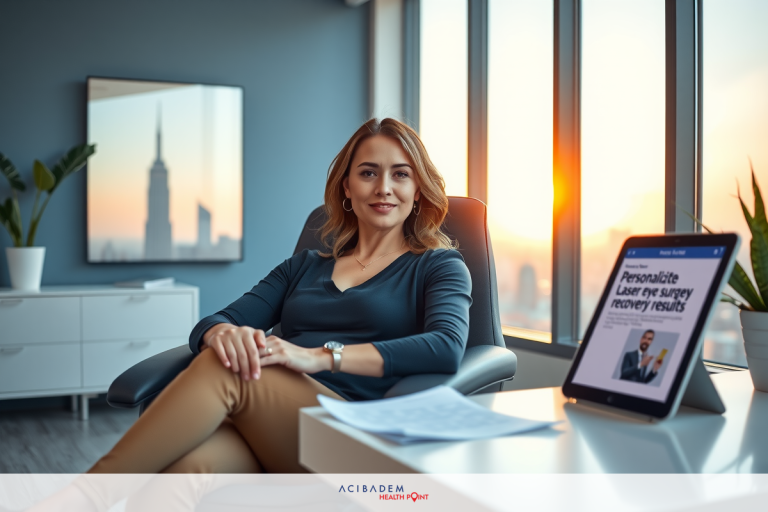 Image of a woman in business attire, sitting in an office at sunset. She is dressed professionally with brown pants and a black top, her legs crossed over one another as she leans forward in her chair. The office setting includes modern furniture and a large window reflecting the city skyline.