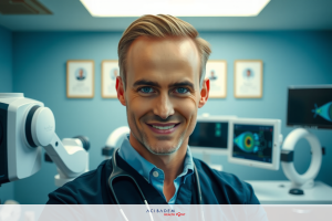 The image portrays a medical doctor in his work environment, which appears to be a modern medical facility. The man is wearing professional attire typical for doctors, including a stethoscope around his neck. He's standing in front of advanced medical equipment.