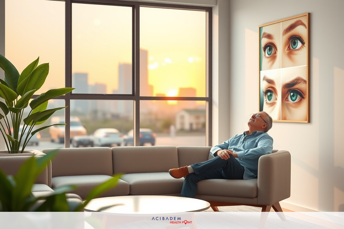 The image shows a man sitting in a modern living room at sunset. The room features large windows allowing natural light to fill the space, creating warm and inviting ambiance. The man is relaxed with his hands crossed, suggesting a moment of leisure or contemplation. There are various pieces of furniture visible such as a sofa, coffee table, and a potted plant adding to the cozy atmosphere. The sunset creates a picturesque backdrop with hues of orange and blue.