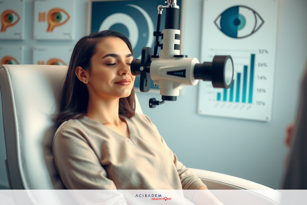 The image depicts a woman sitting in an eye examination chair. She appears to be receiving some kind of visual examination, possibly with an optical instrument attached to the chair. The background suggests a clinical environment, likely an optometrist's office.