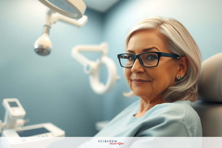 The image features a woman sitting in a medical chair with her head slightly tilted back. She is wearing glasses and appears to be waiting for the doctor to begin examining her eye.