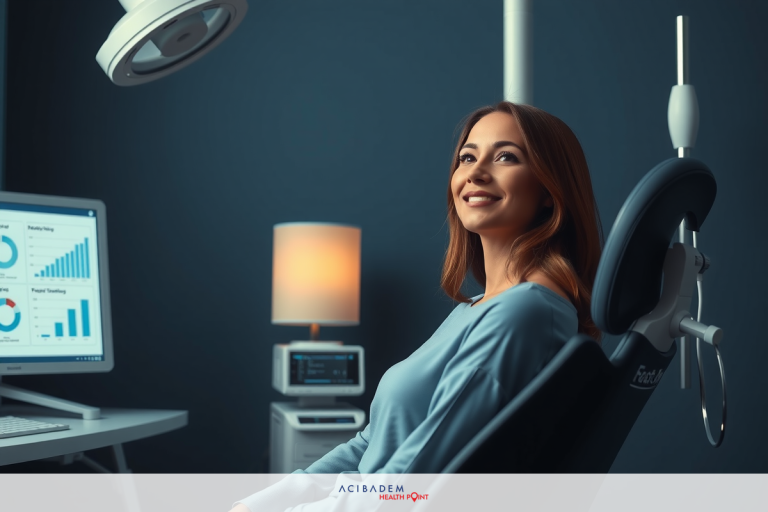 A smiling woman is seated in a examination chair, looking at a computer screen displaying graphs and data. The environment suggests a medical office, with equipment.