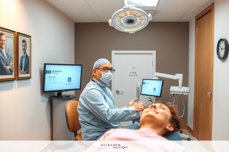 Who Is the Best LASIK Eye Surgeon in Utah A medical office with a patient seated on a examination chair, while a ophthalmologist in surgical garb attends to the eyes.