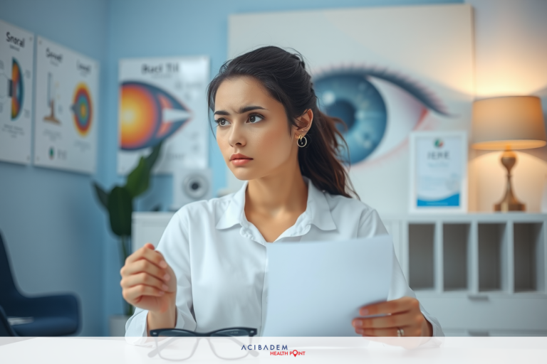 The image depicts a professional office setting with a woman in a white lab coat focused on reading papers. She is wearing glasses and has a thoughtful expression, suggesting concentration or contemplation.
