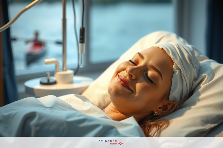 Can You Swim in the Ocean After LASIK Eye Surgery A smiling woman lies in a hospital bed, hooked up to medical equipment. The room is well-lit with a calming ambiance.