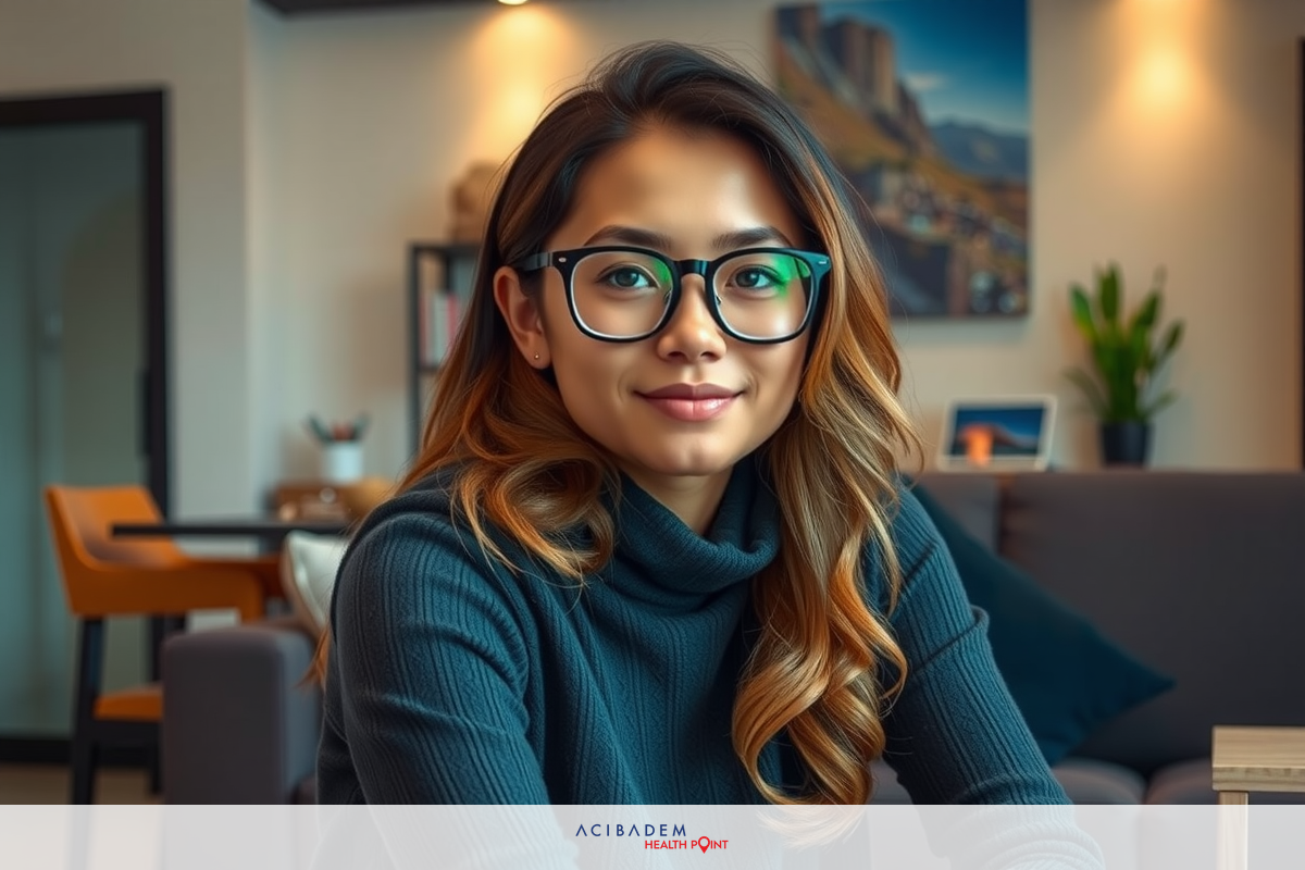A woman wearing glasses and a black sweater, sitting at a desk in an office environment. The background includes shelves with books and decorations. Her expression is friendly and professional.