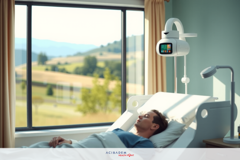 Will Blue Cross Pay for LASIK Eye Surgery? A man lies in a hospital bed with blinds open to the outside where trees are visible. The room appears bright and airy.