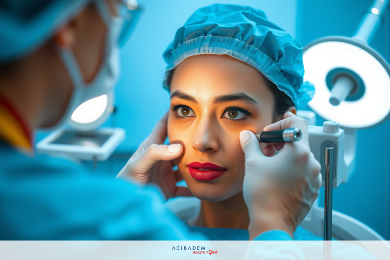 This is a medical scene where a person, possibly a dentist or facial surgeon, is examining another individual's face. The person being examined has her eyes closed and appears to be receiving treatment or preparing for a procedure.